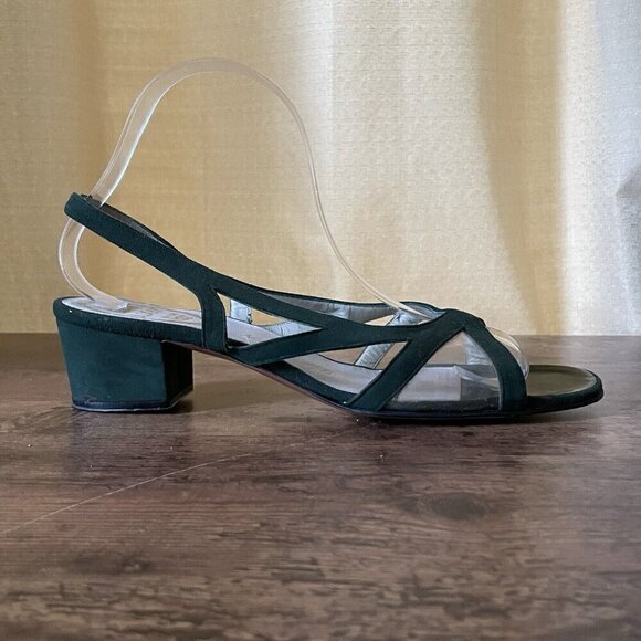 VIntage 1970s Delman Shoes Womens Sandal Sz 7 Green Suede Leather Open Toe Heel - Picture 3 of 8